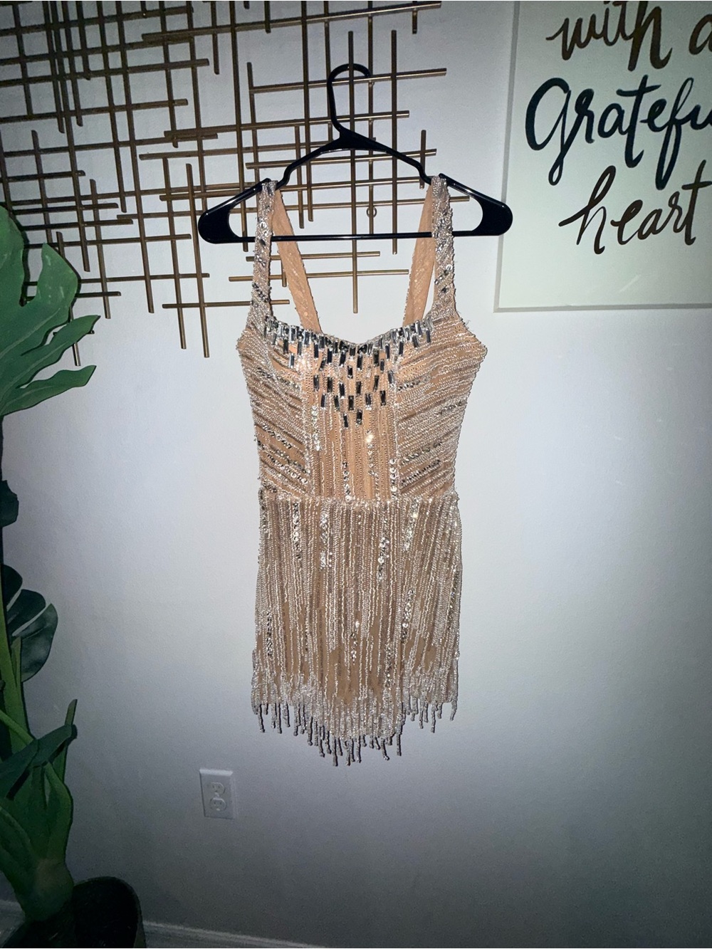 Sequin Fringe Mini Dress in Nude